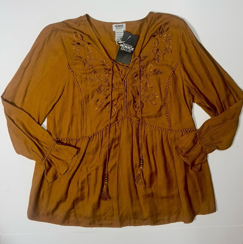 Monroe & Main Women's XL Brown Bohemian Tunic Blouse Embroidered Tassel Beaded